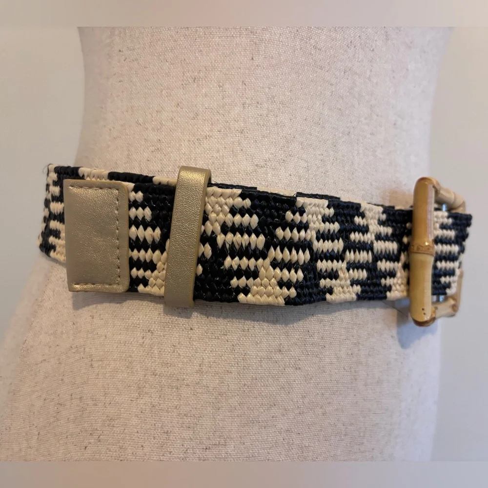 Black White Woven Stretch Belt Bamboo Buckle Boho Resort Waist Belt